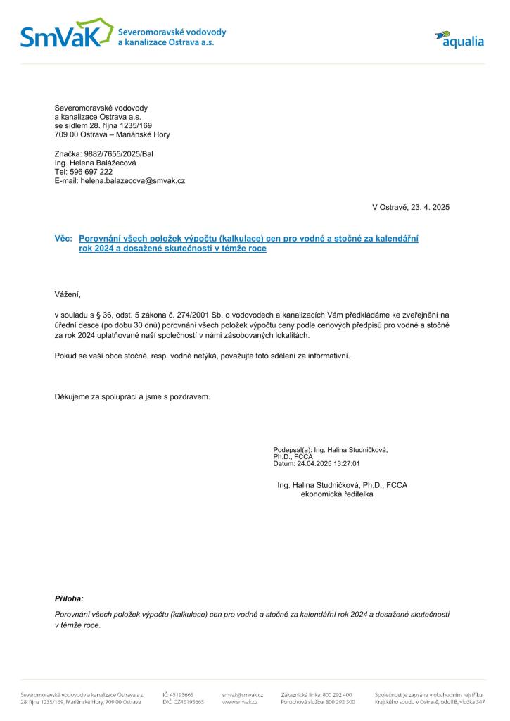 Informace od Severomoravské vodovody a kanalizace Ostrava a.s. k výpočtům (kalkulaci) cen pro vodné a stočné za kalendářní rok 2024